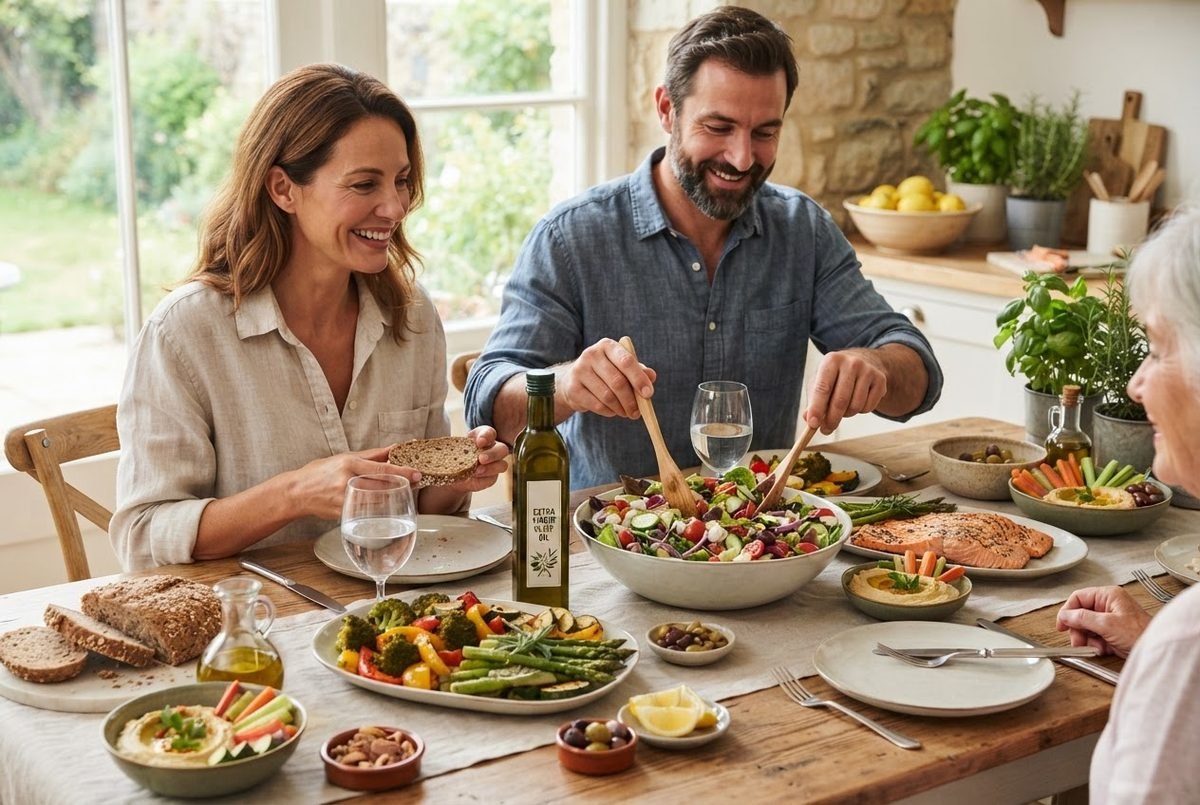 Bottle of extra virgin olive oil next to colourful fresh vegetables and herbs