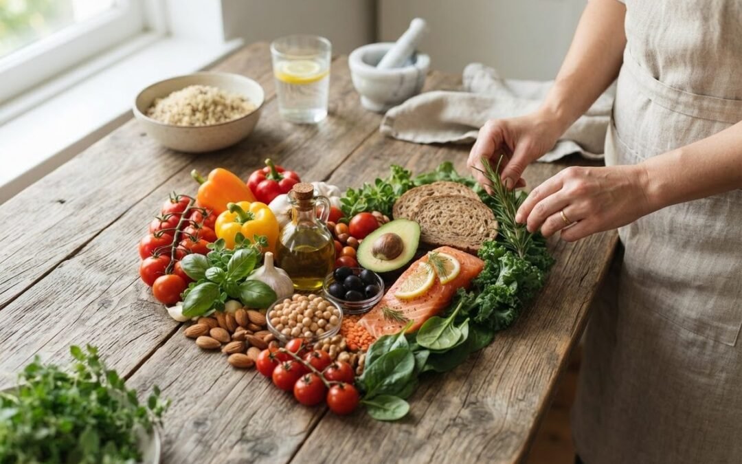 Olive oil, salmon, vegetables, nuts and chickpeas on a wooden table: how to bring down triglycerides naturally