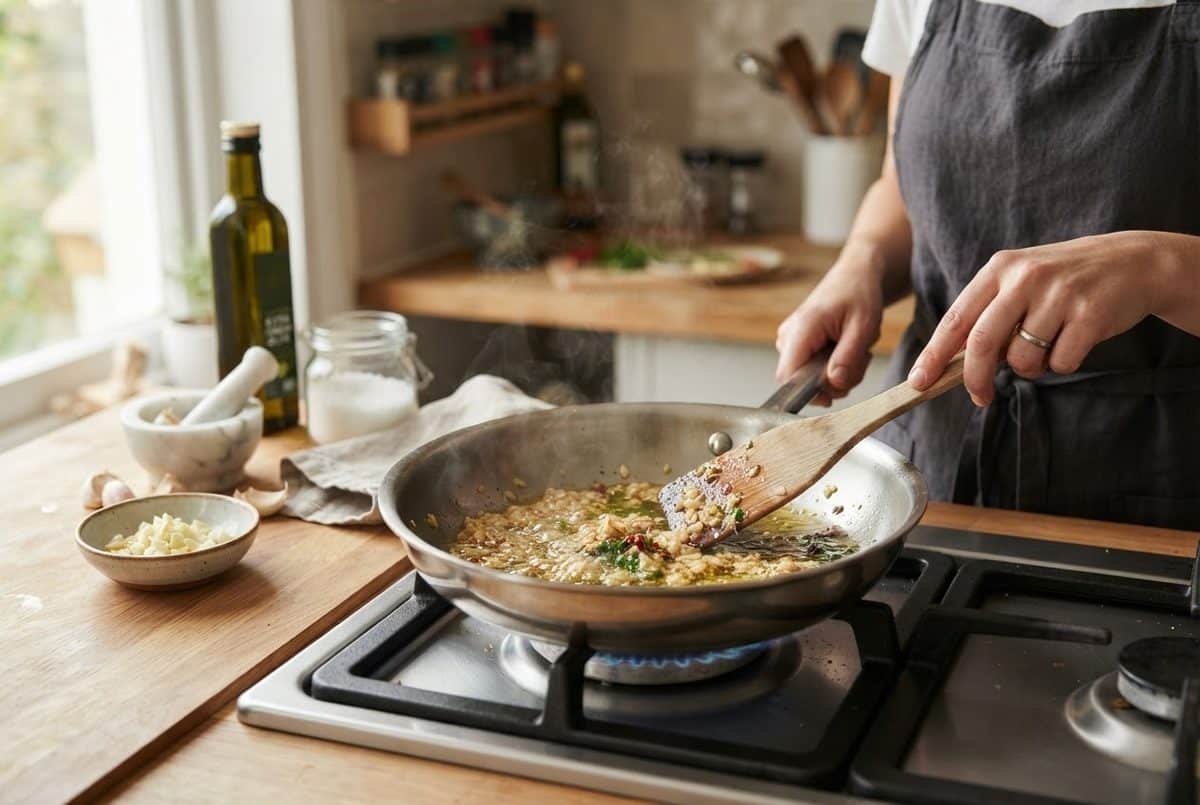 Person stirring minced garlic in a stainless steel pan on a gas stove; a bowl of chopped garlic sits nearby.