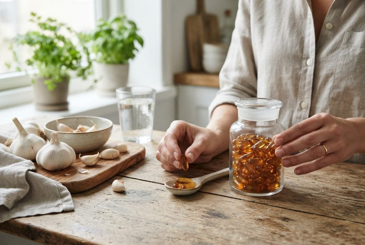 Hands holding amber softgel capsules beside a jar and fresh garlic bulbs and cloves on a wooden kitchen table