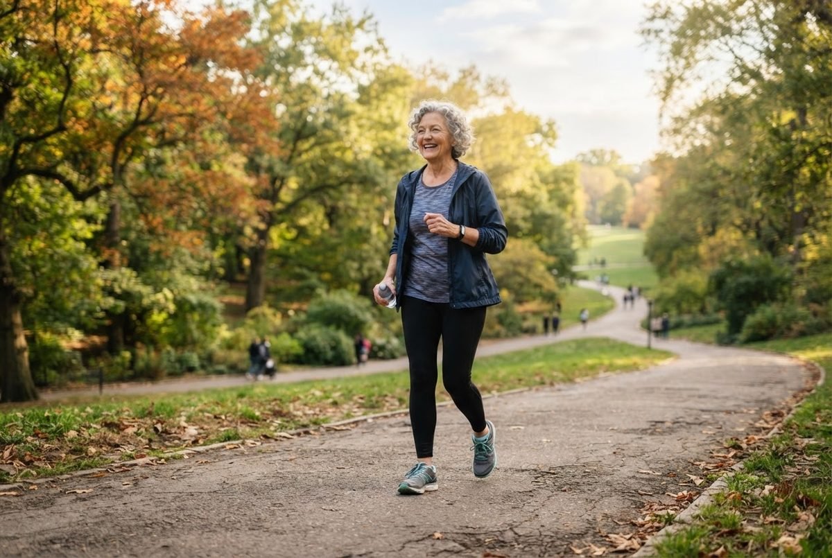 Smiling older woman with gray curly hair walking briskly on a paved park path lined with autumn trees.