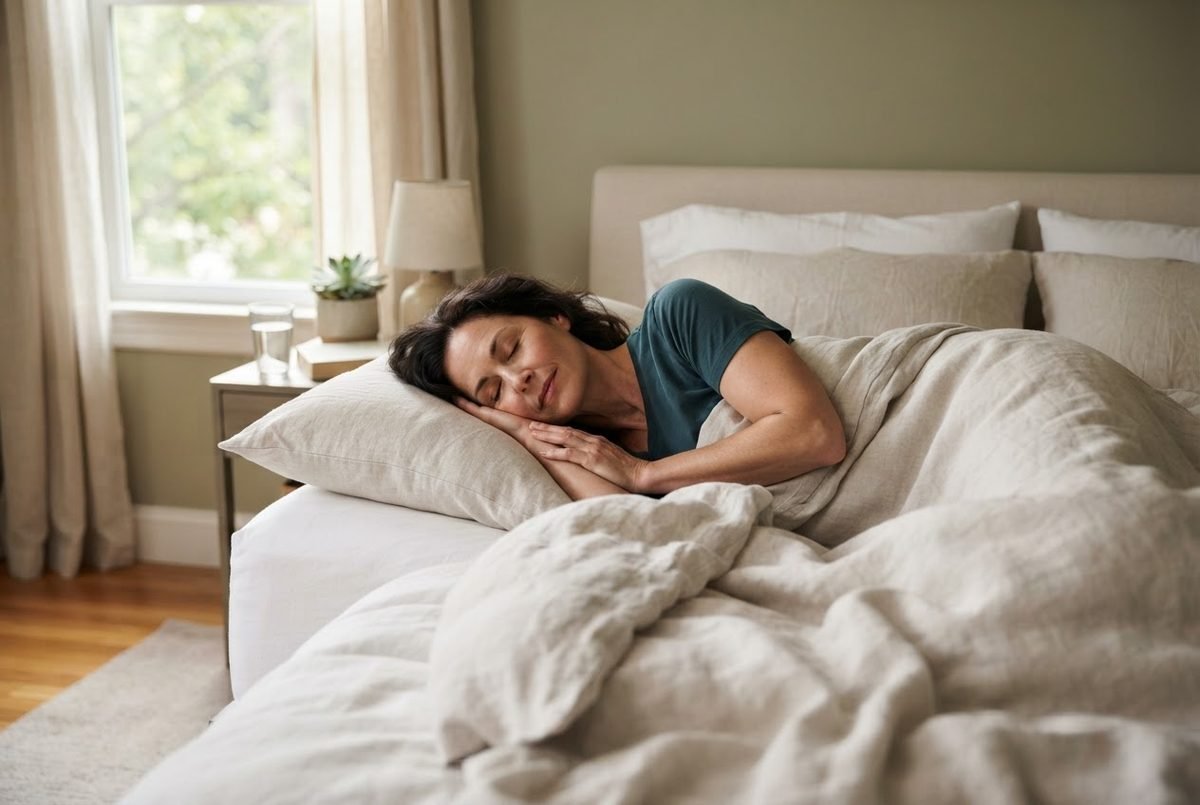 Woman with dark hair sleeping on her side under a linen duvet in a bright bedroom beside a window with curtains.