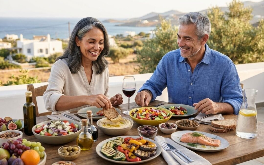 Couple sharing Mediterranean vegetables, salmon and olive oil by the sea: how to reduce artery stiffness
