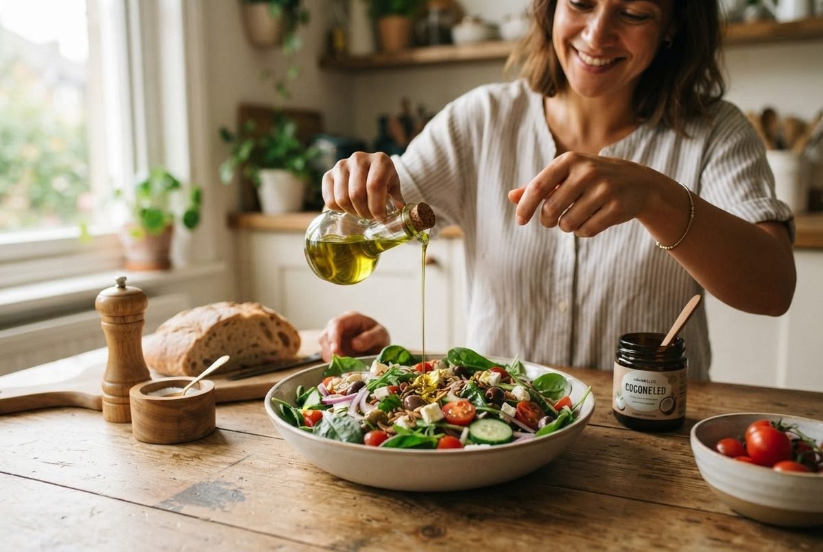 A hand drizzling extra virgin olive oil over a fresh green salad