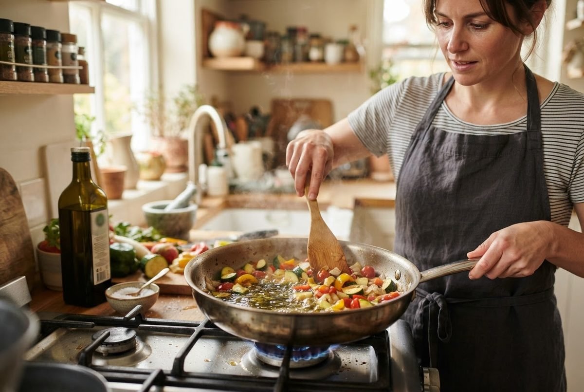 Olive oil being poured into a stainless steel pan with vegetables