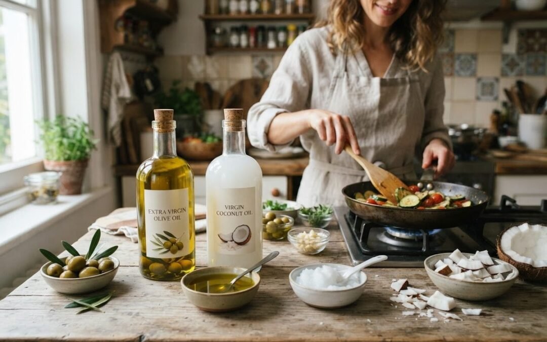 Two bottles of olive oil and coconut oil side by side on a kitchen counter