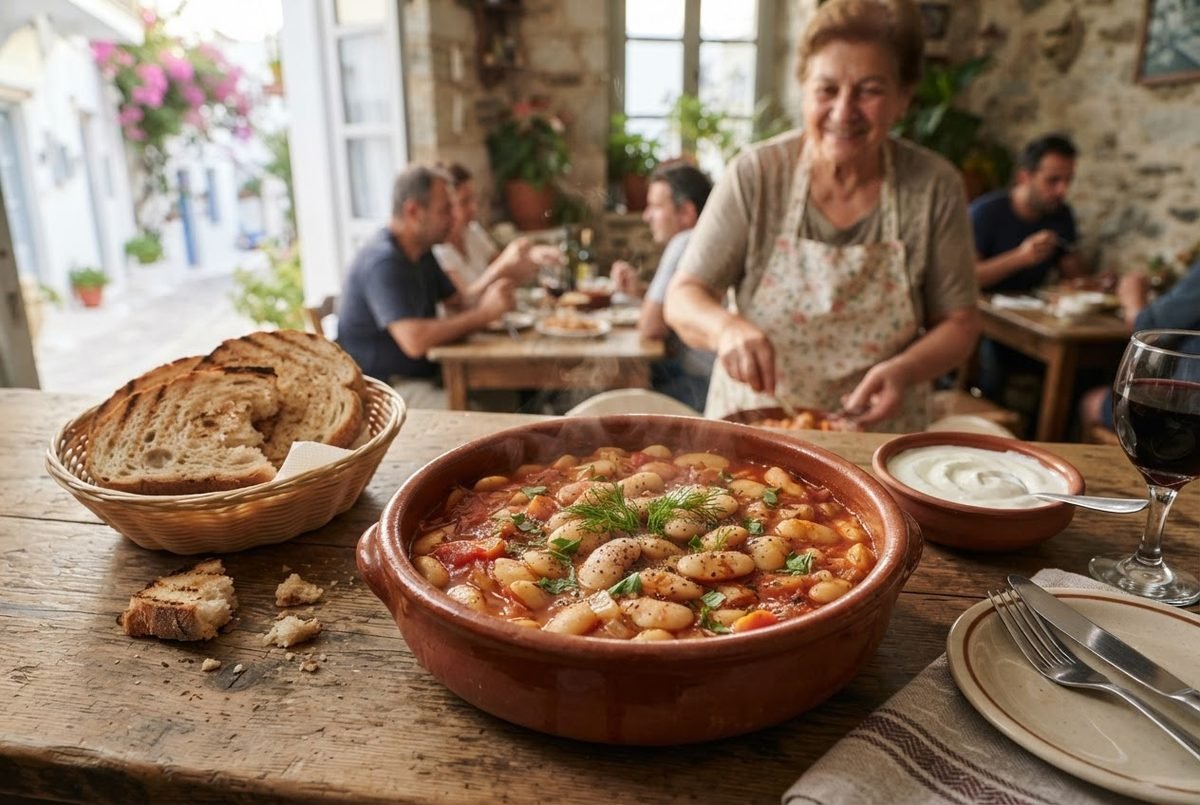 Clay dish of giant beans in tomato sauce with herbs, beside bread, yogurt and a wine glass on a rustic table