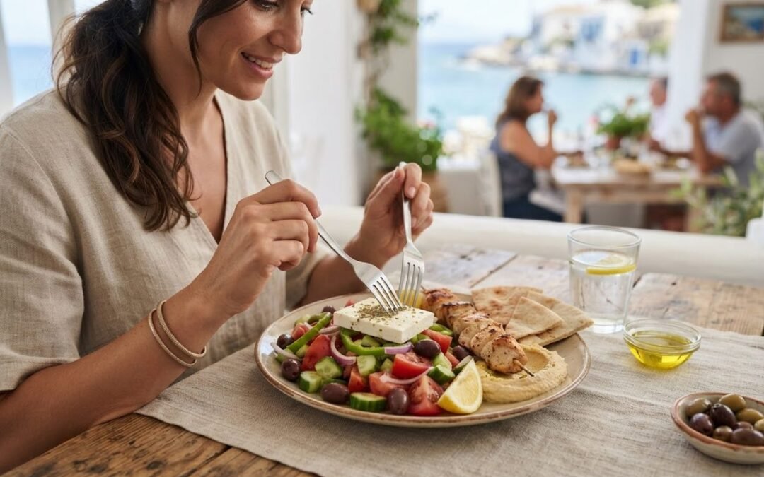Woman eating Greek salad, chicken souvlaki and hummus with pita, illustrating is Greek food good for cholesterol