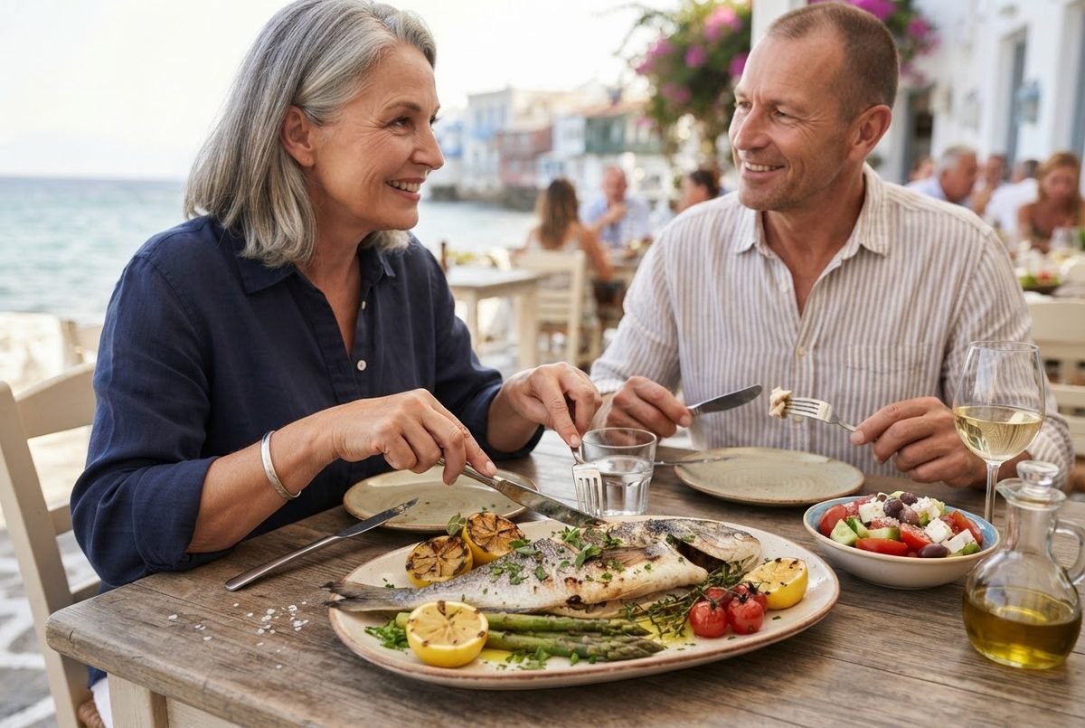 Smiling couple at a seaside taverna sharing grilled fish with lemon, asparagus, and a Greek salad.