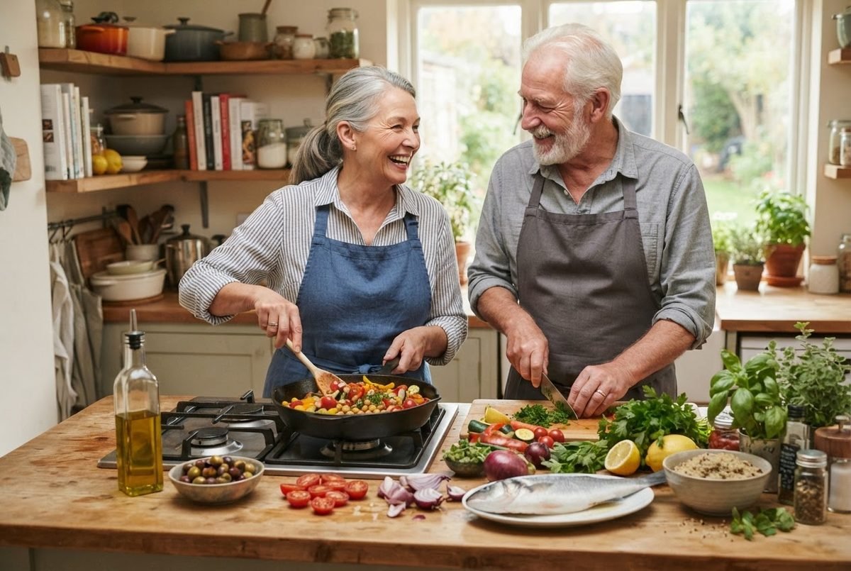 Smiling older couple cooking together at a home kitchen counter with vegetables, olives, lemon, herbs and fish.