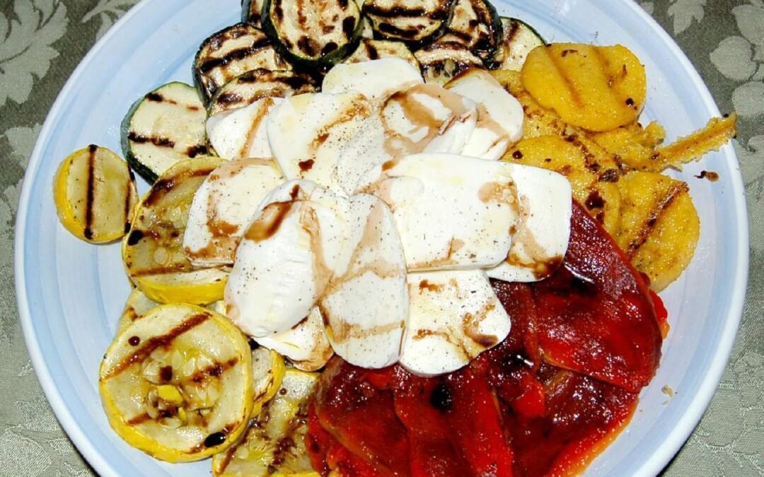 Grilled zucchini, squash, mozzarella and roasted red peppers on a plate - is Mediterranean food good for diabetics