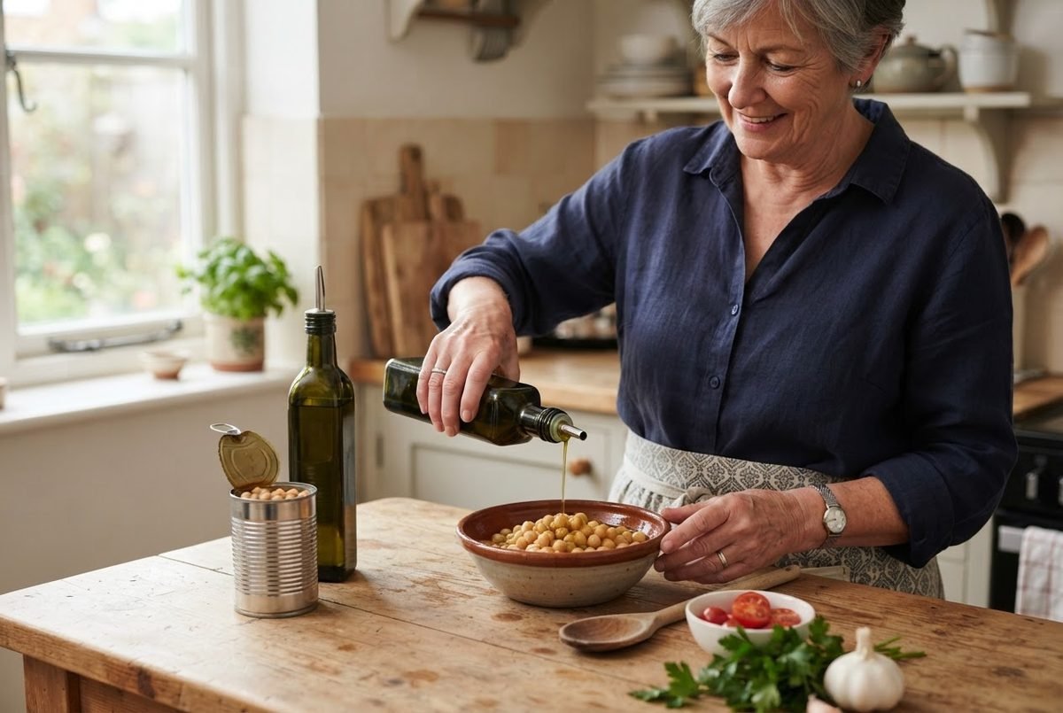 Smiling older woman pouring olive oil from a bottle over canned chickpeas in a bowl on a wooden kitchen table