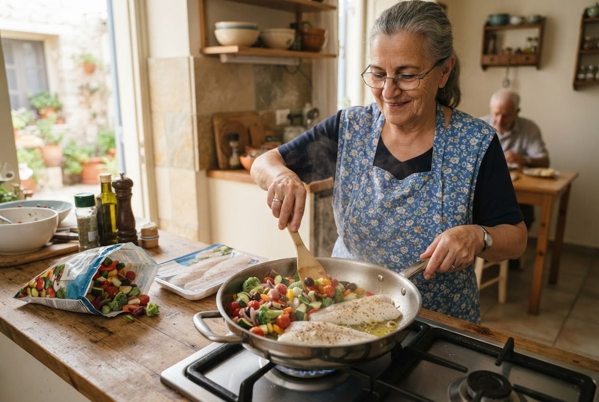 Smiling older woman in a blue apron cooks fish fillets and mixed vegetables in a skillet in a sunny kitchen.