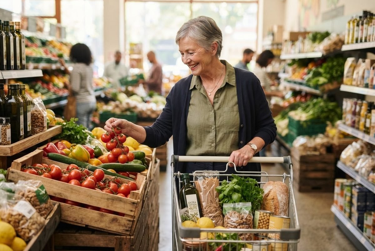 Smiling senior woman picking cherry tomatoes at a grocery store, with a cart holding pasta, lemons and bread.