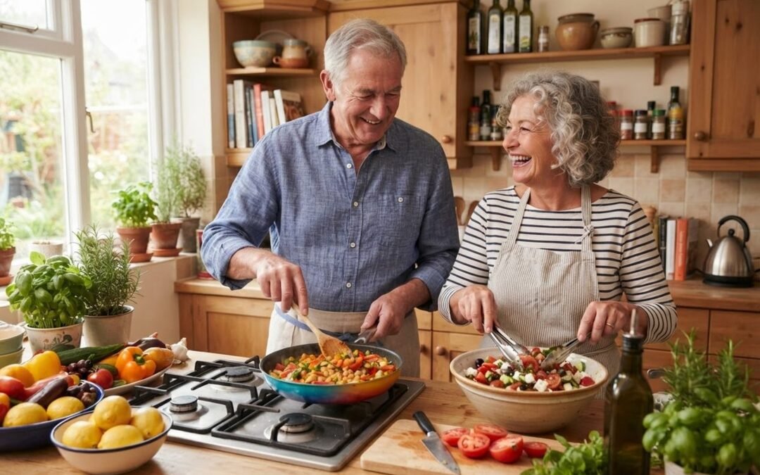 Smiling older couple cooking a lazy Mediterranean diet for senior beginners meal with tomatoes, basil and feta salad