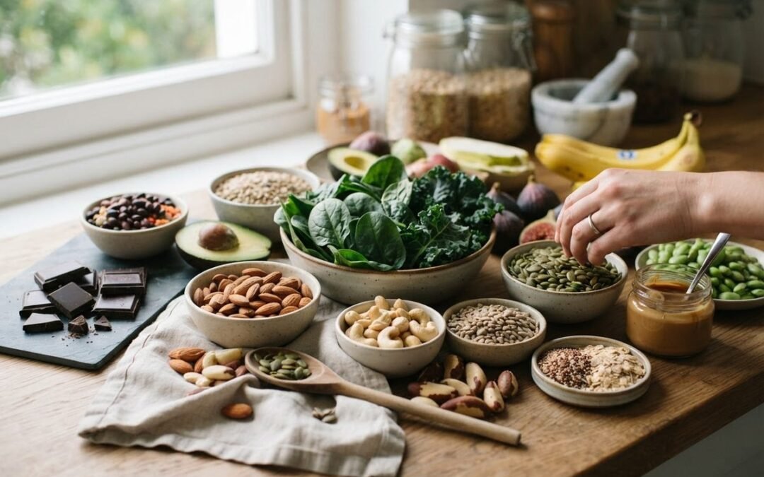 Spinach, almonds, cashews, pumpkin seeds and edamame on a table, part of a magnesium deficiency diet.