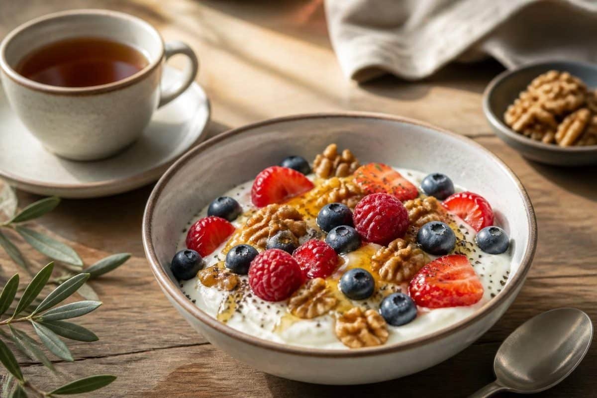 Mediterranean breakfast bowl with yoghurt, berries and walnuts