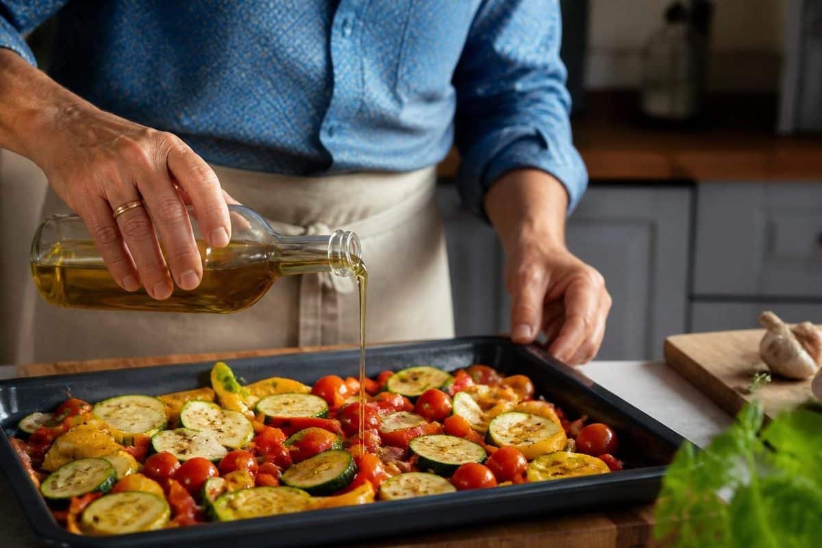 Older adult hands drizzling olive oil over roasted vegetables