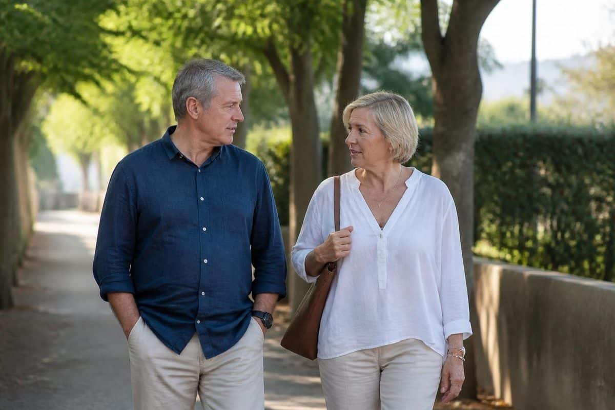 Mature couple walking together on a tree-lined path after a meal