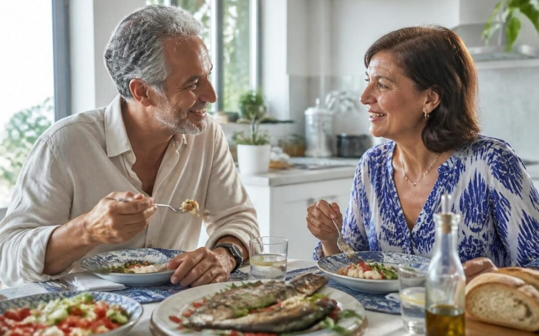 Mature couple sharing a Mediterranean lunch with grilled fish, salad and olive oil