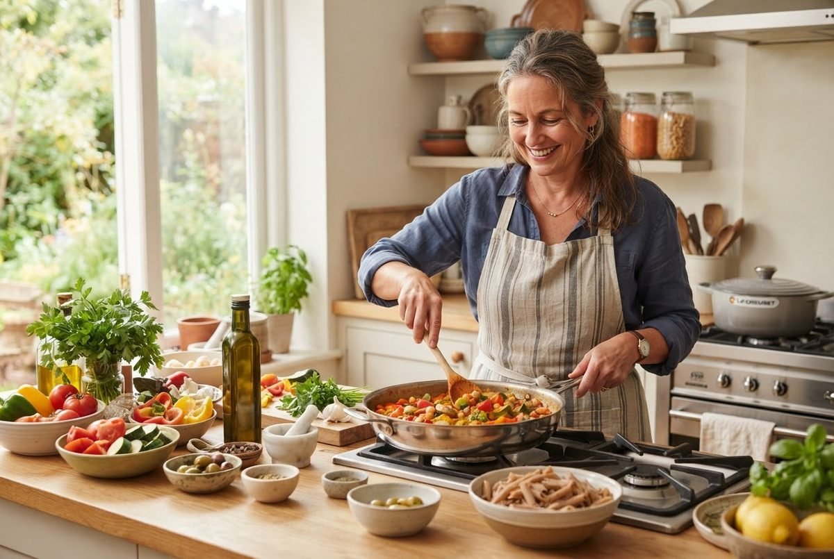 Smiling woman in an apron stirs vegetables in a skillet in a bright kitchen beside olive oil, fresh produce and olives.