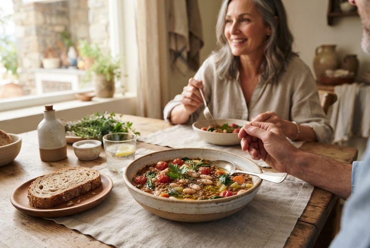 Bowl of bean and tomato stew with fresh herbs and bread, as a smiling woman eats at a rustic wooden table.