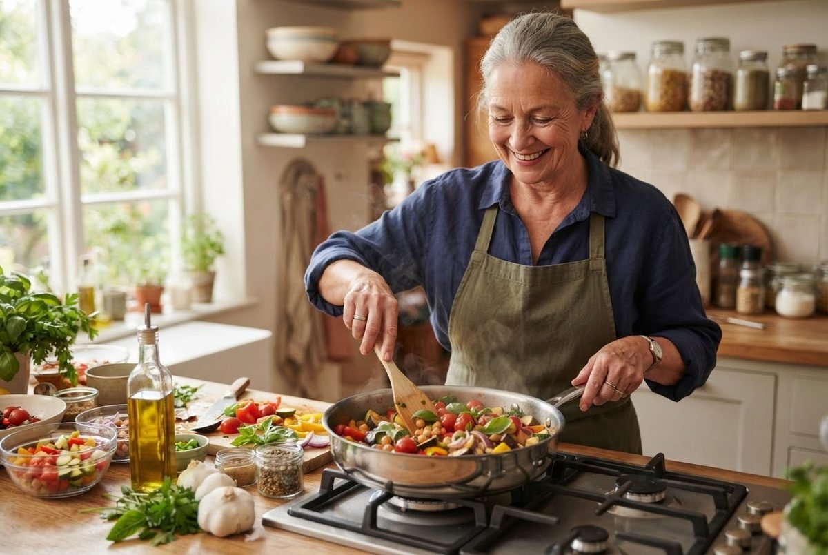 Smiling woman in an apron stirs a skillet of colorful tomatoes, peppers and herbs on a stove in a sunny kitchen.