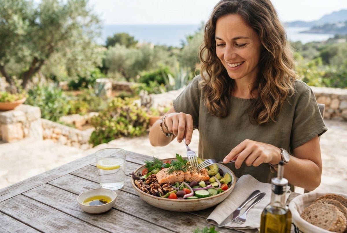 Smiling woman eating a bowl of salmon with lentils, cucumber, tomato and olives at an outdoor table by the sea