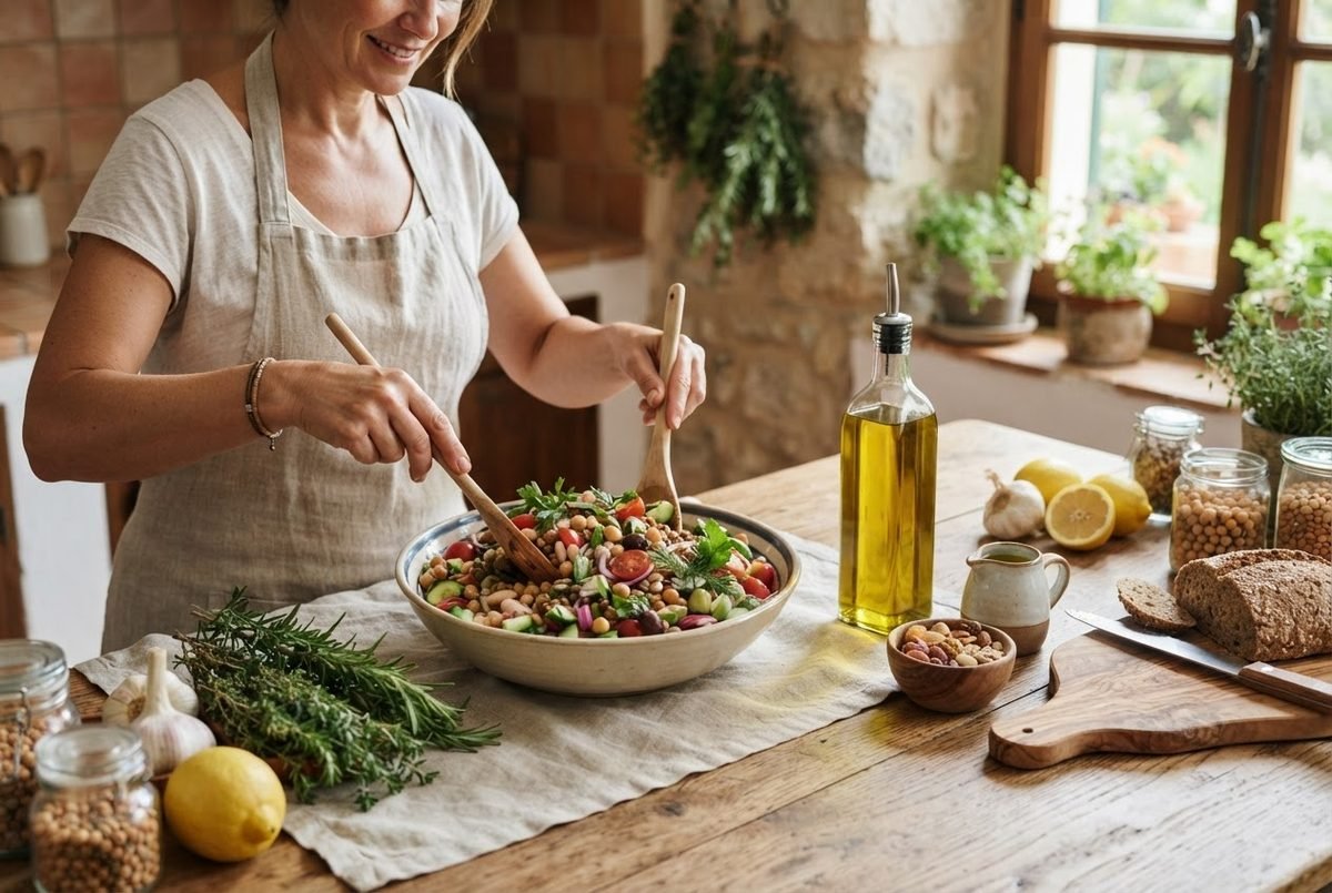 Woman in apron tossing bean salad with wooden spoons beside olive oil, lemon, herbs and bread on a rustic table