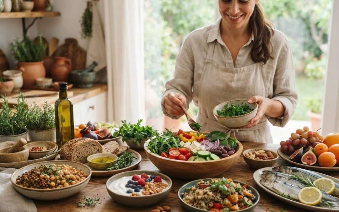 Woman serving salad with olive oil, greens, berries, nuts and fish: Mediterranean anti inflammatory diet food list