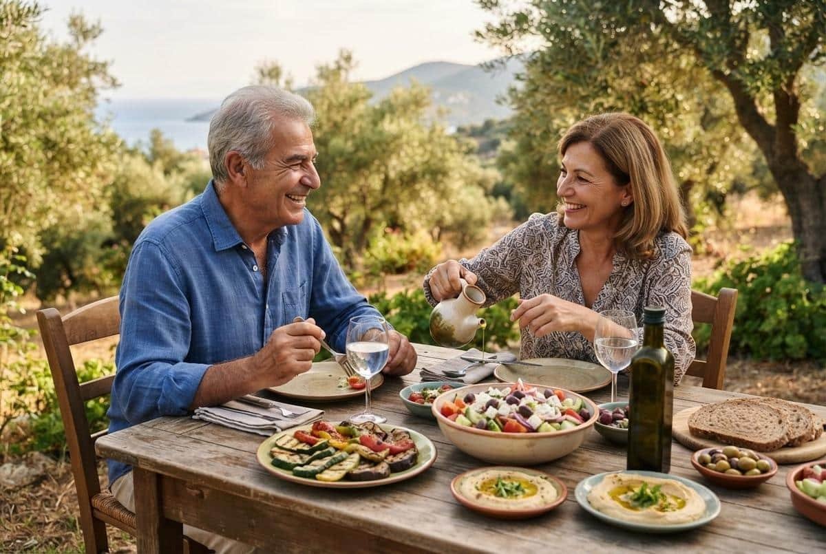 Smiling couple at an outdoor olive grove table with grilled vegetables, salad, hummus, bread, olives and olive oil.
