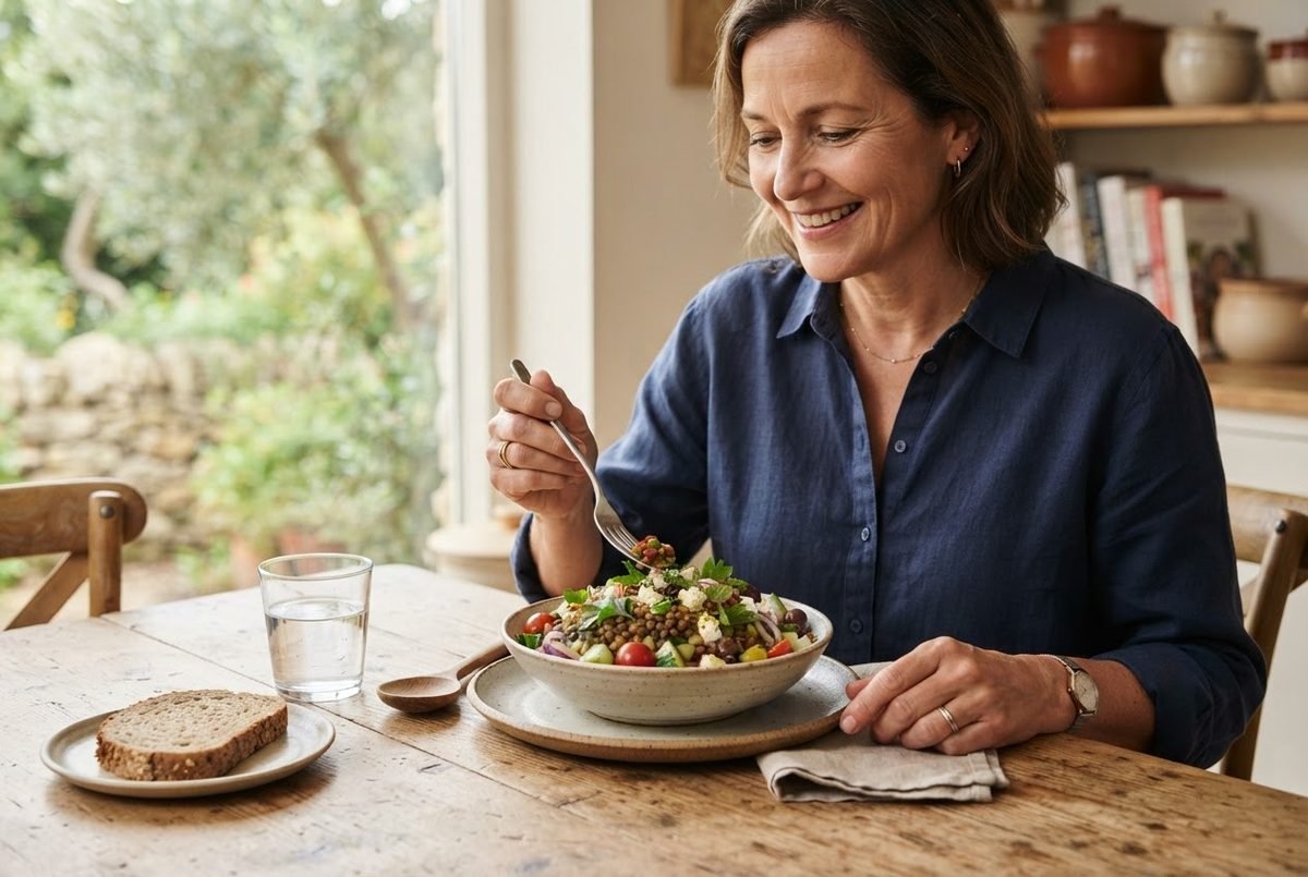 Smiling woman in a navy linen shirt eating a lentil and vegetable salad from a bowl at a rustic wooden table