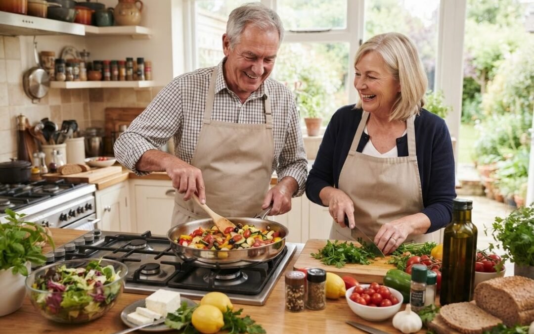 Smiling older couple cooking vegetables in a skillet, with fresh salad and feta, part of a Mediterranean diet after a heart attack