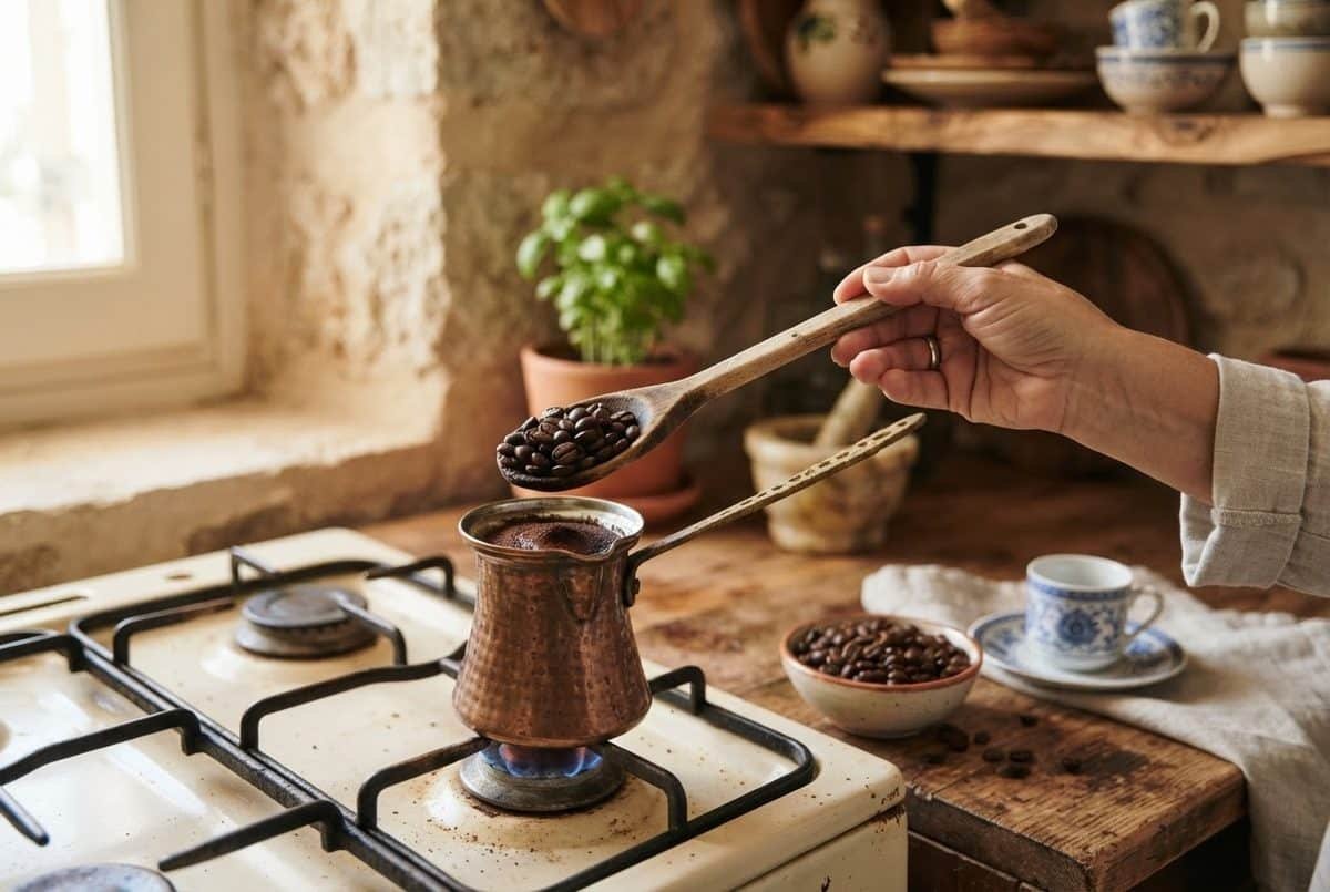 Hand holding a wooden spoon of coffee beans over a copper coffee pot on a stove, with a bowl of beans nearby
