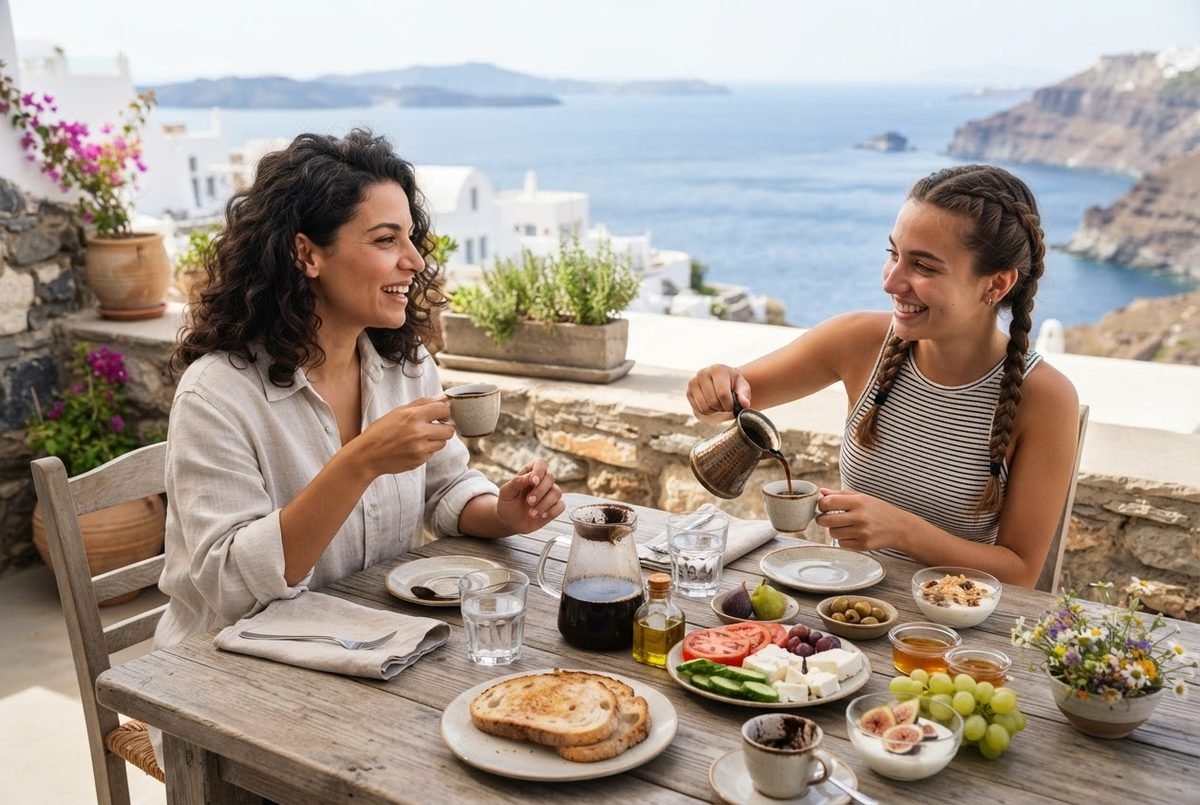 A simple Mediterranean breakfast with coffee, fruit and yoghurt