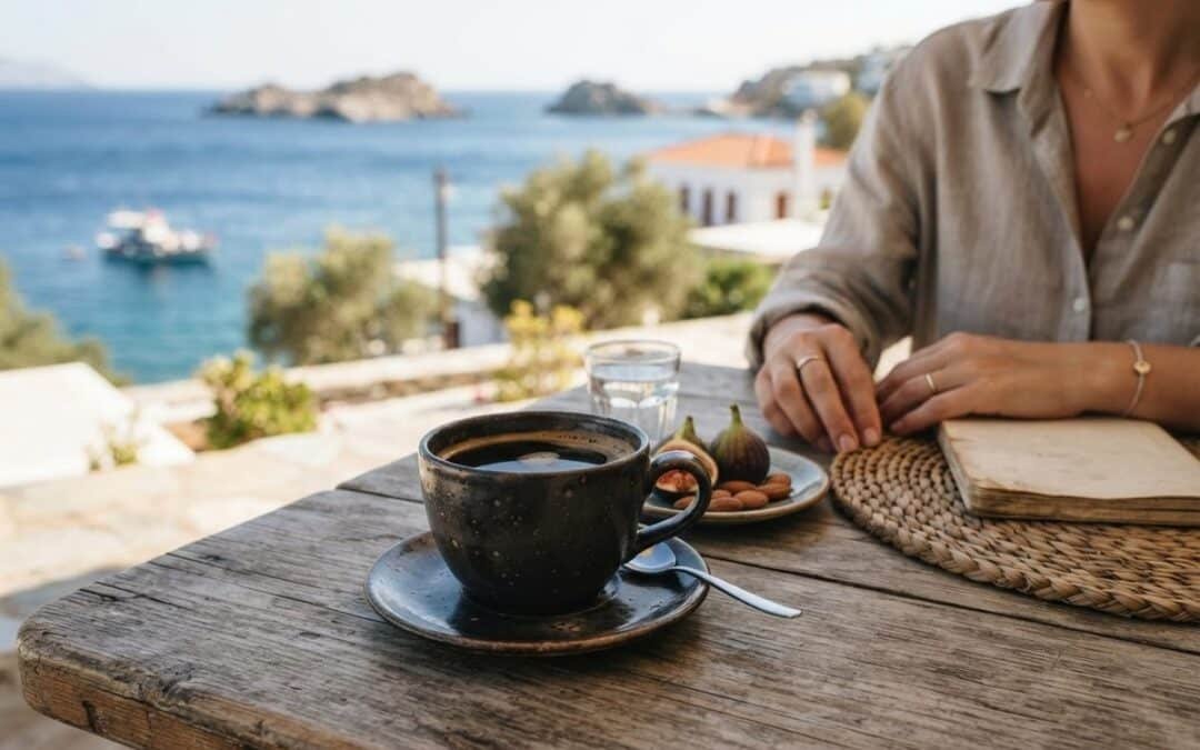 A cup of Mediterranean diet coffee on a wooden table, with figs and a sea view beyond