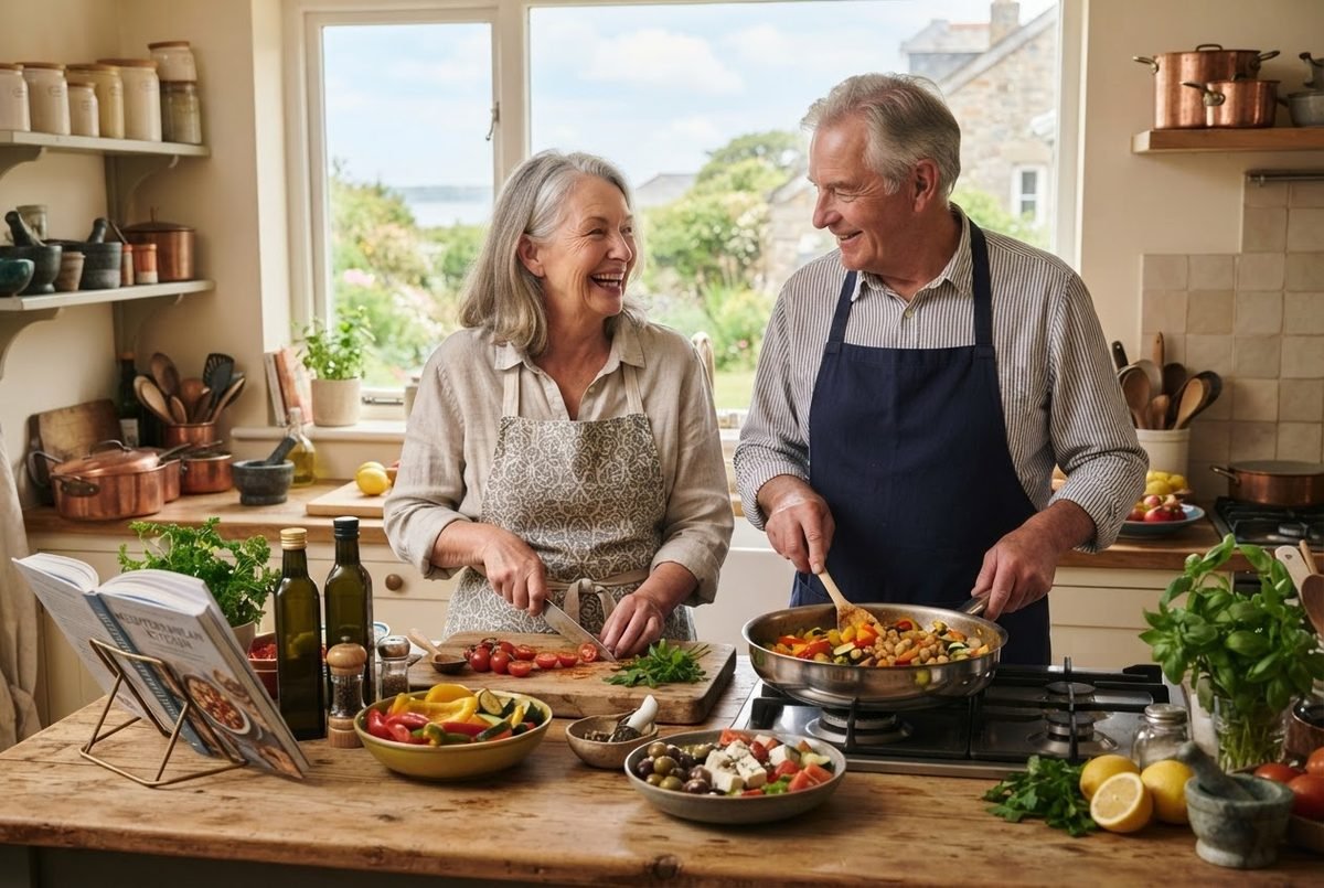 Smiling older couple cooking together in a sunny kitchen with olives, tomatoes, lemons and a cookbook.