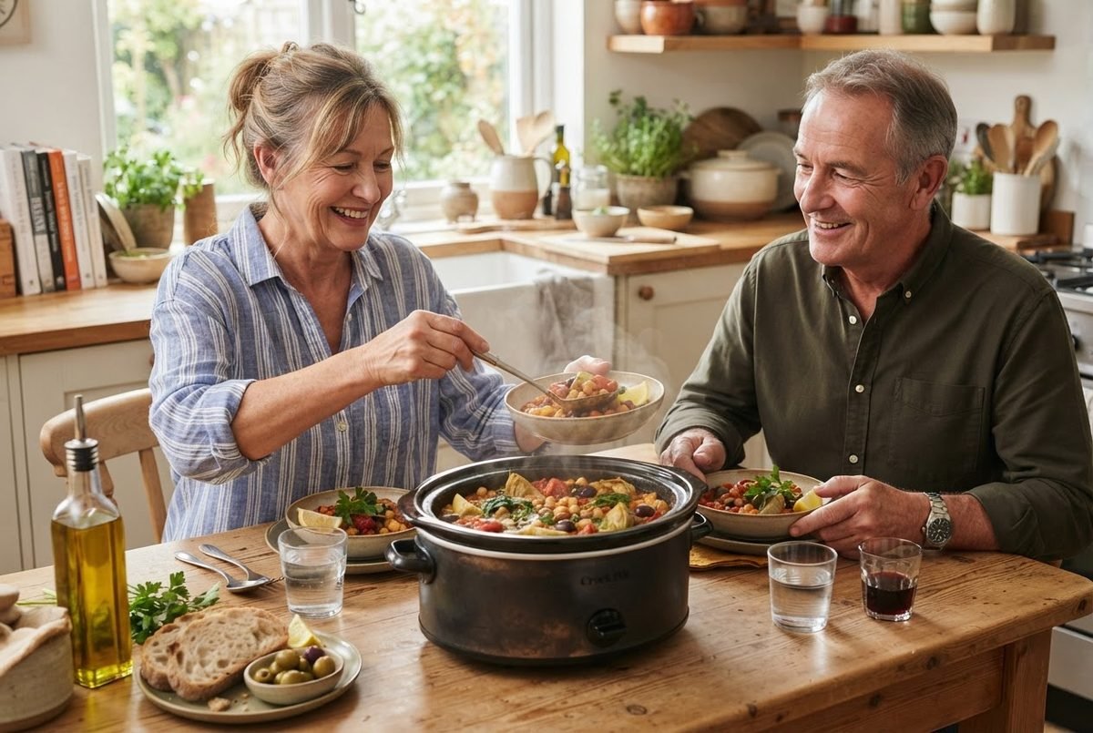 Slow cooker filled with Mediterranean vegetables and beans