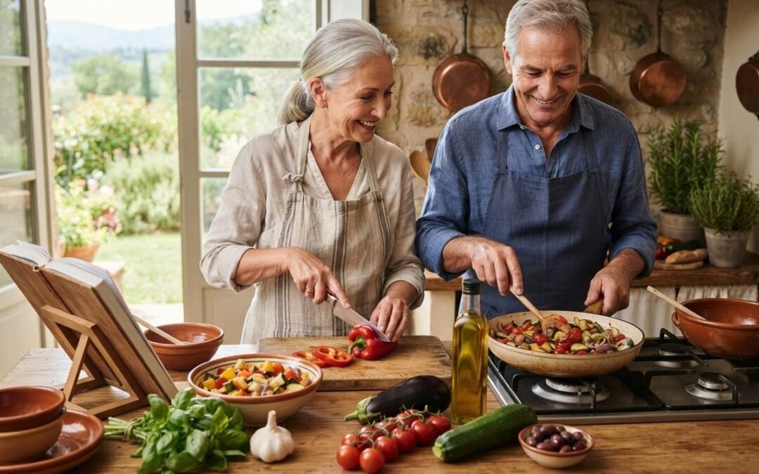 Older couple cooking together with a Mediterranean diet cookbook for over 60 beside fresh vegetables and olive oil