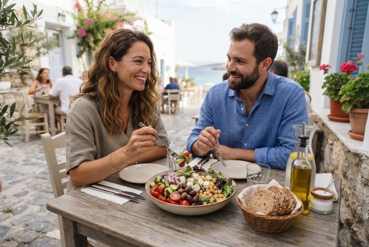 Smiling couple shares a salad bowl with tomatoes, olives, feta and beans, beside an olive oil bottle and bread.