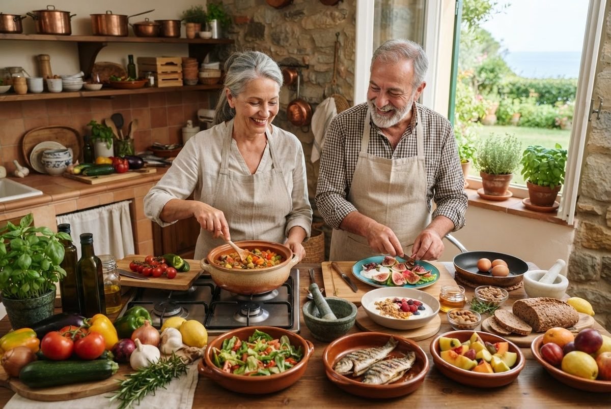 Smiling older couple in aprons cooking in a rustic kitchen with fresh vegetables, fish, fruit and bread on the counter