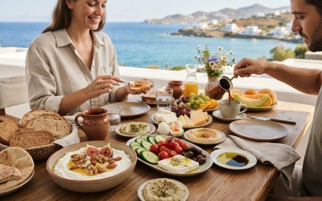Mediterranean diet for breakfast lunch and dinner: yogurt with figs, cheese, fruit and bread on a sunny seaside table