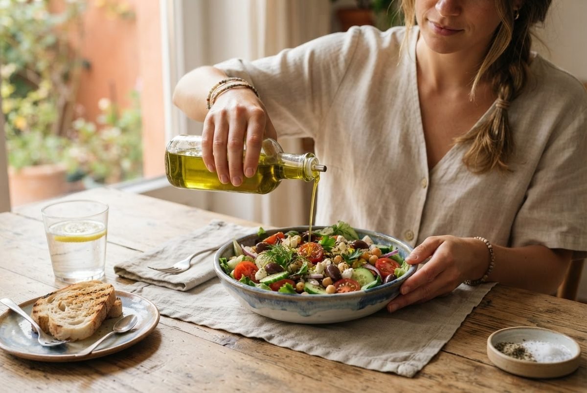 Woman pouring olive oil over a bowl of salad with cherry tomatoes, cucumber and chickpeas, next to bread and water.