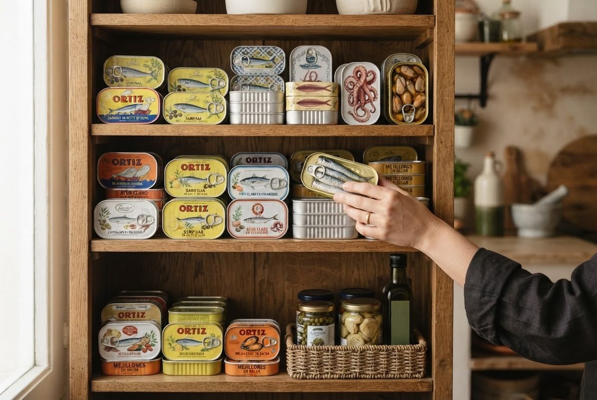 Tins of sardines and tuna stored on a pantry shelf