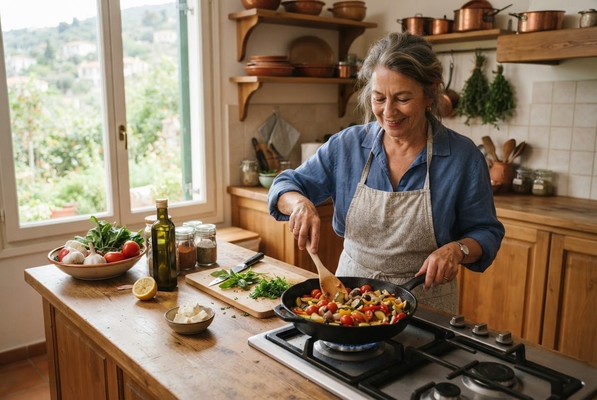 Smiling older woman cooking vegetables and tomatoes in a skillet in a rustic kitchen, with olive oil and lemon nearby.