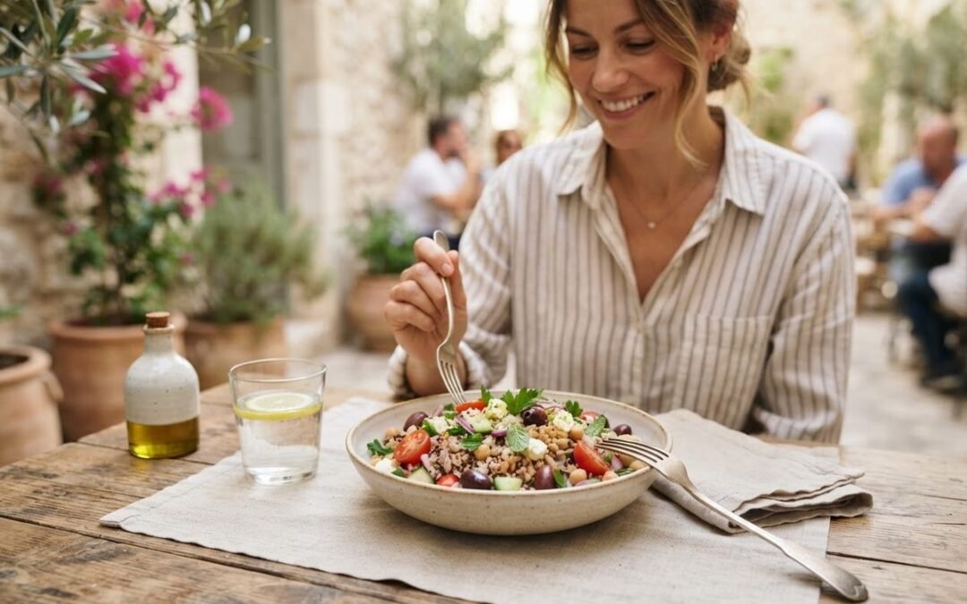 Smiling woman eating grain salad with tomatoes and olives outdoors, a Mediterranean diet for one person