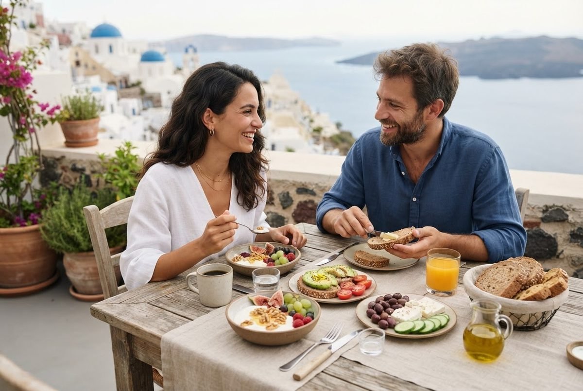 A bowl of Greek yoghurt with walnuts, fresh berries and a drizzle of honey, a common breakfast in a Mediterranean diet week 1 plan