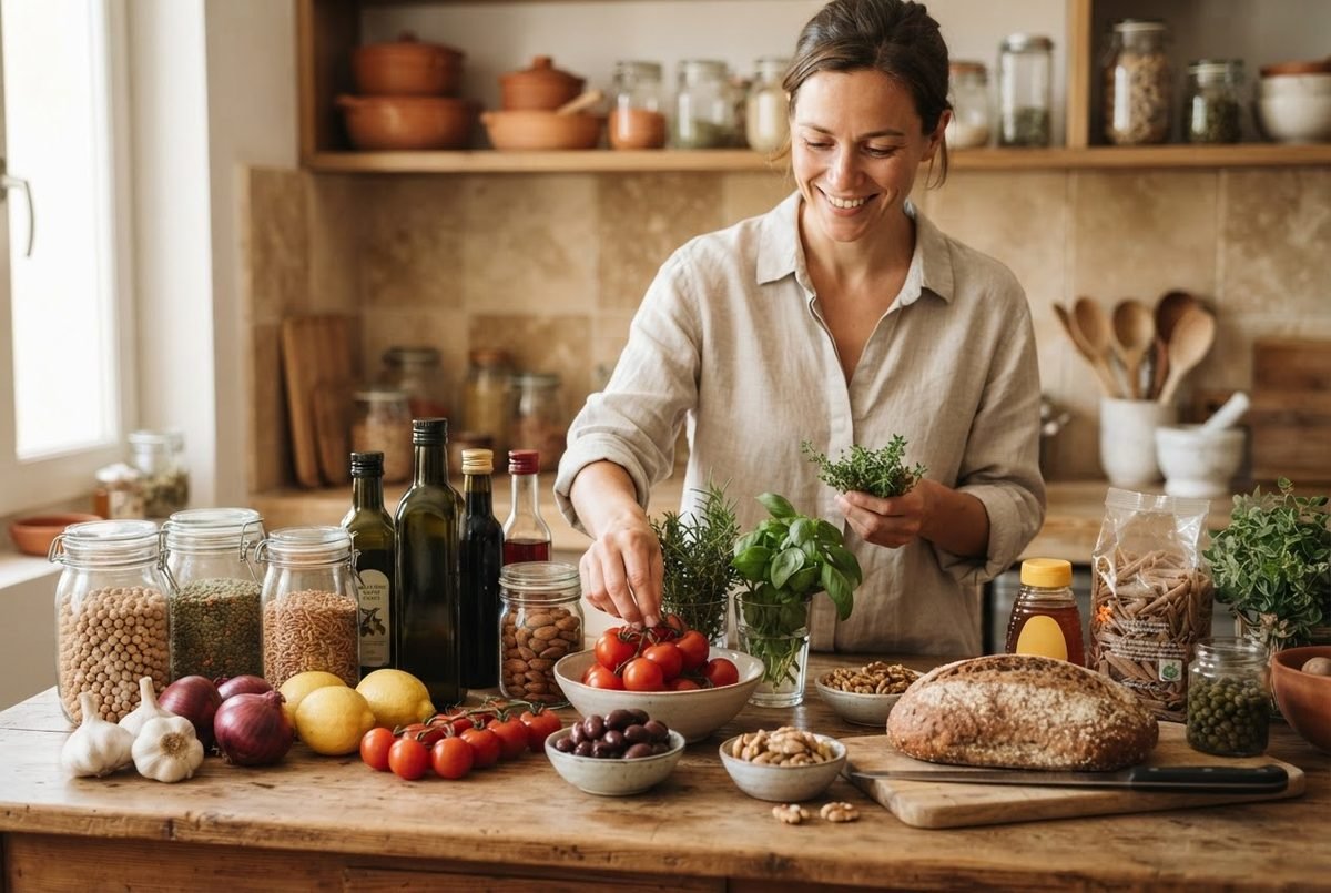 Smiling woman in a rustic kitchen with olive oil, legume jars, tomatoes, garlic, nuts and bread on a wooden table
