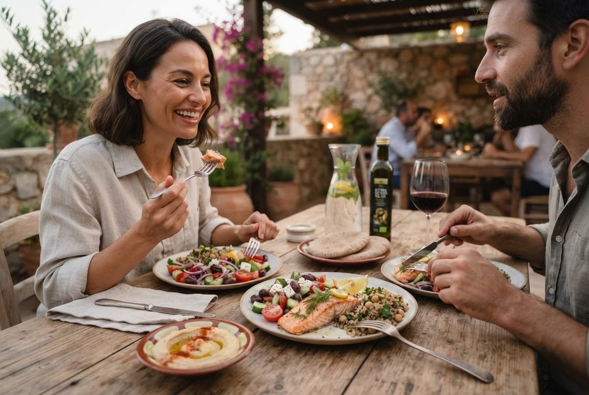 A dinner plate with grilled fish, a large portion of steamed greens and a small serving of whole-wheat pasta, following Mediterranean diet week 1 portion guidelines