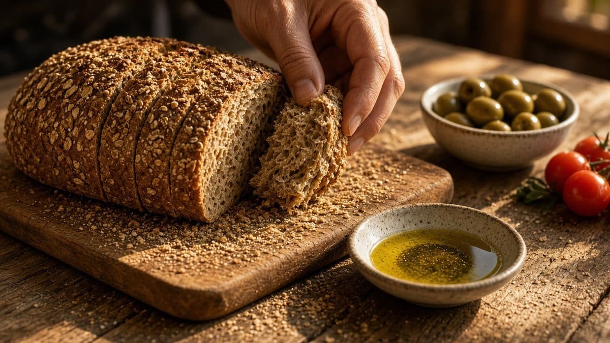 A hand tearing wholegrain bread beside a small dish of olive oil and green olives, an easy hidden calorie trap at the table